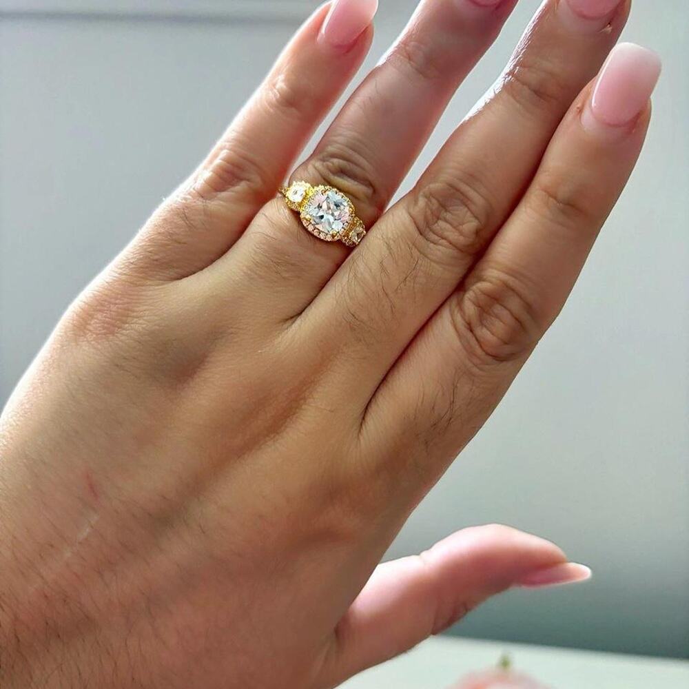 18K Gold Plated 3 Stone Halo CZ Engagement Ring Size 7